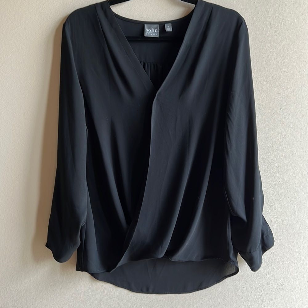 Soho Black Drape Front Wrap Blouse Lightweight Sz M EUC